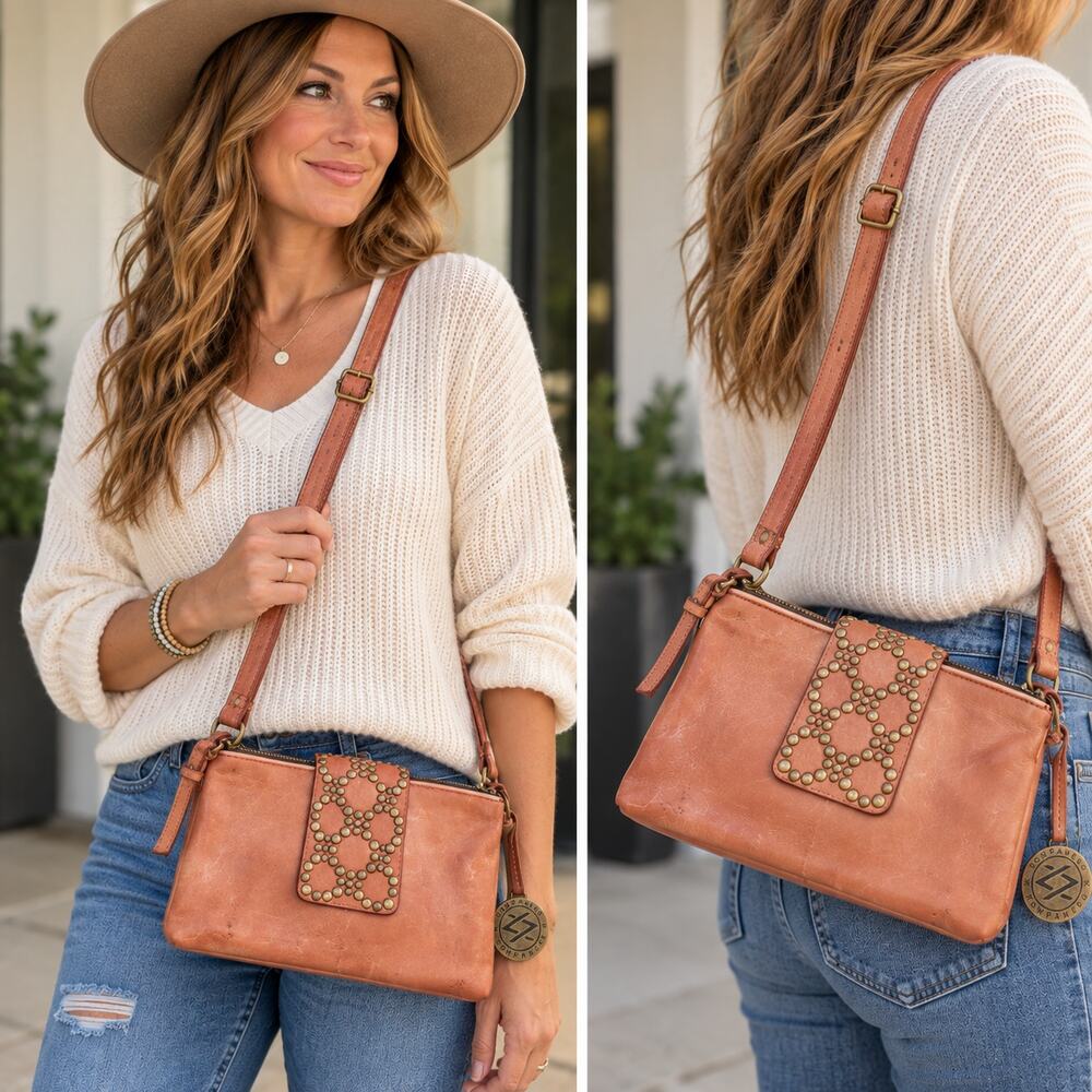 Kompanero Coral Pink Leather Crossbody Bag Studded Boho Western Purse